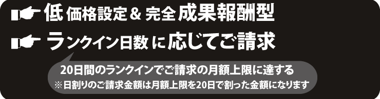 低価格設定&完全成果報酬型
10位以内!しかも15日以上で初めてご請求!