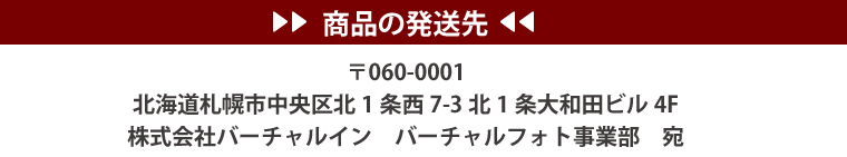 商品の発送先 〒060-0001 北海道札幌市中央区北1条西7-3北1条大和田ビル4F 株式会社バーチャルイン バーチャルフォト事業部 宛