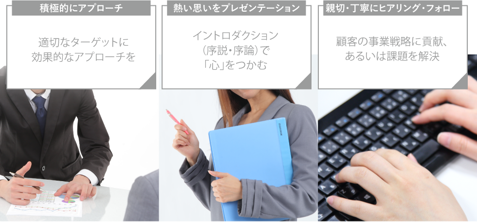 積極的にアプローチ 熱い思いをプレゼンテーション 親切・丁寧にヒアリング・フォロー