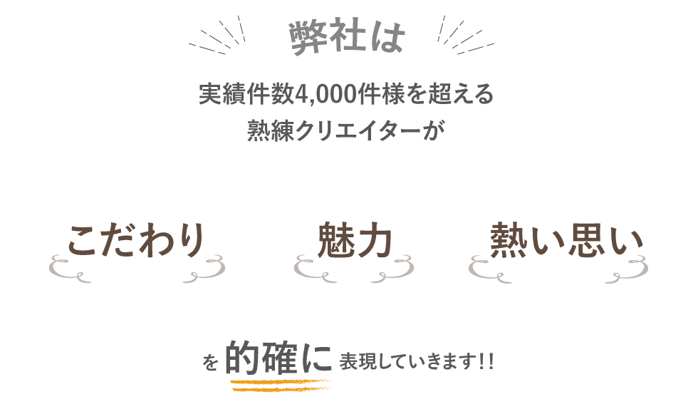 弊社は実績件数4,000件様を超える熟練クリエイターがこだわり魅力熱い思いを的確に表現していきます!!